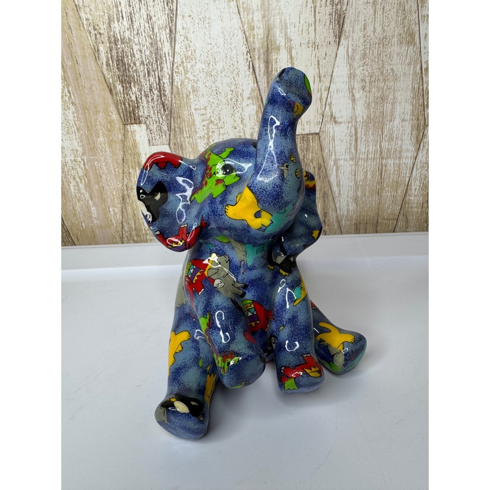 Ceramic Elephant Figurine Coin Bank‎ Blue Cartoon Animals Childrens Decor